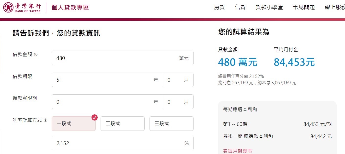 臺灣銀行軍人房貸試算